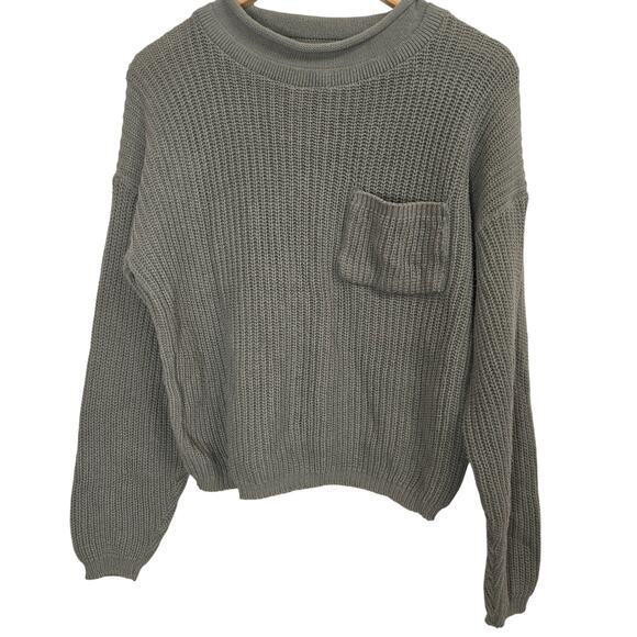 VTG Basic Outlook Womens Sweater Cotton Knit Sage Green Pocket Boxy - Picture 1 of 10